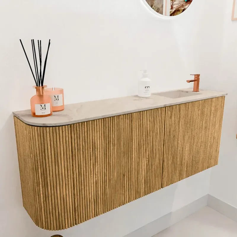 Mondiaz Joya DLux 100cm toiletmeubel ronding links oak met wastafel faye rechts 1 kraangat frappe Uitverkoop