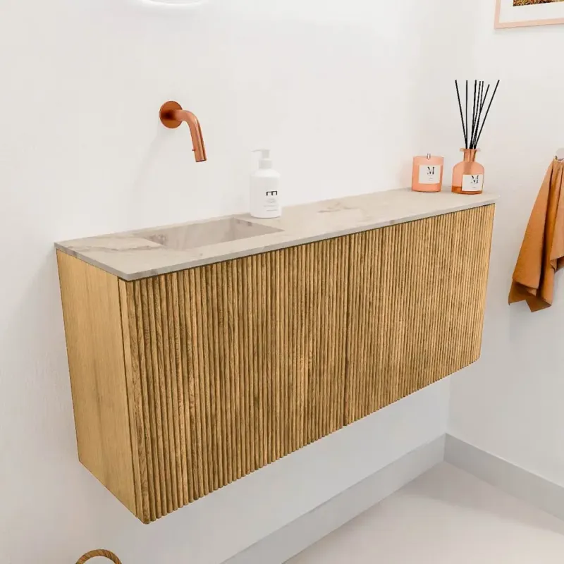 Mondiaz Joya DLux 100cm toiletmeubel ronding rechts oak met wastafel faye links zonder kraangat frappe Weekendaanbieding