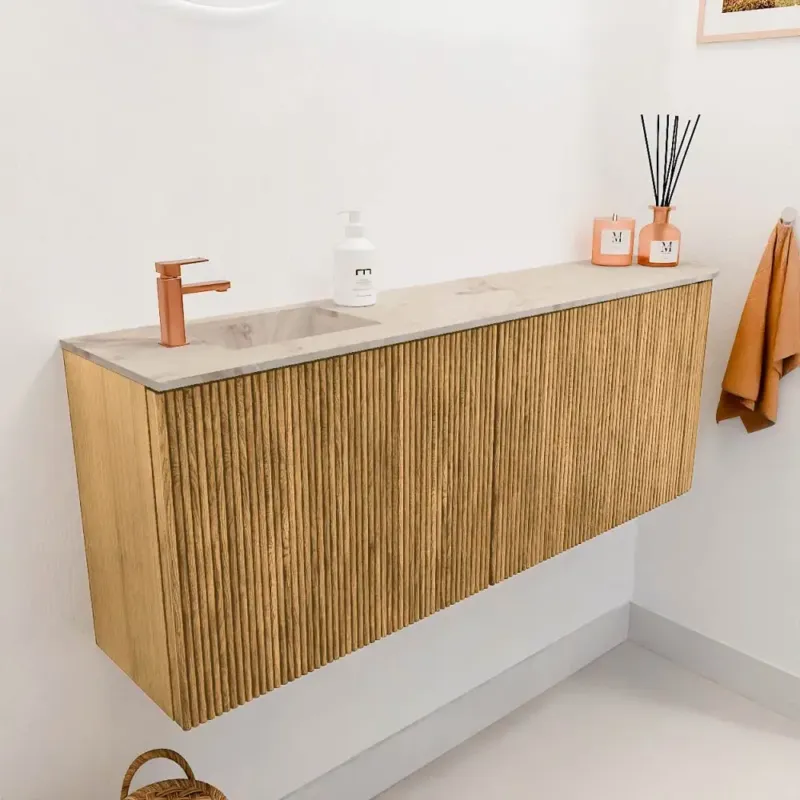 Mondiaz Joya DLux 110cm toiletmeubel ronding rechts oak met wastafel faye links 1 kraangat frappe Seizoensaanbieding