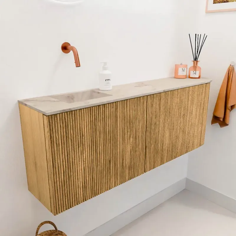 Mondiaz Joya DLux 110cm toiletmeubel ronding rechts oak met wastafel faye links zonder kraangat frappe Merkproduct