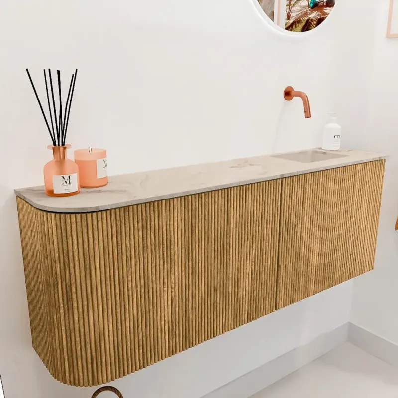 Mondiaz Joya DLux 110cm toiletmeubel ronding links oak met wastafel faye rechts zonder kraangat frappe Beperkte Voorraad