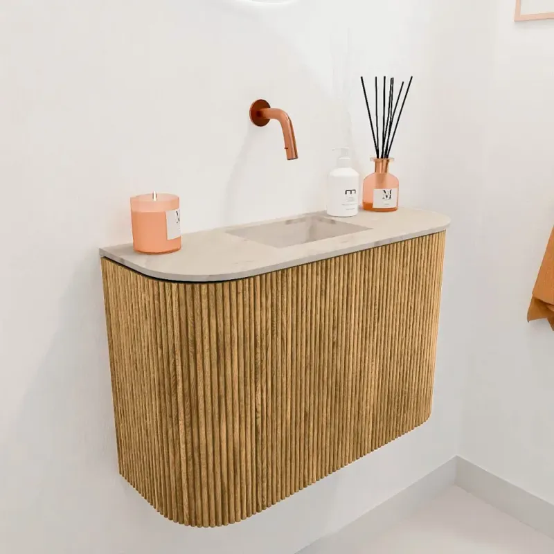 Mondiaz Joya DLux 65cm toiletmeubel ronding links/rechts oak met wastafel faye midden zonder kraangat frappe Veilige Betaling