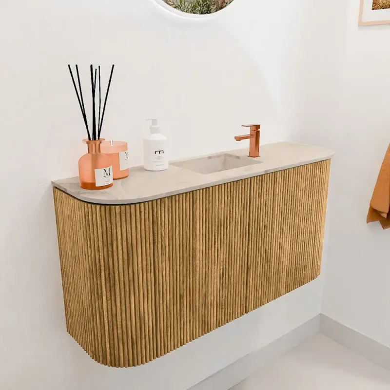 Merkproduct Mondiaz Joya DLux 85cm toiletmeubel ronding links/rechts oak met wastafel faye midden 1 kraangat frappe