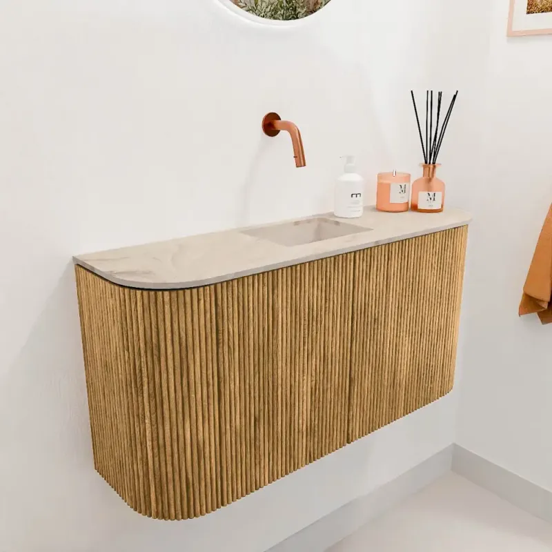 Mondiaz Joya DLux 85cm toiletmeubel ronding links/rechts oak met wastafel faye midden zonder kraangat frappe Uitverkoop