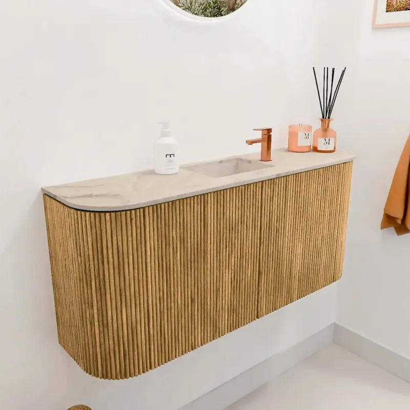 Mondiaz Joya DLux 95cm toiletmeubel ronding links/rechts oak met wastafel faye midden 1 kraangat frappe Lage Kosten
