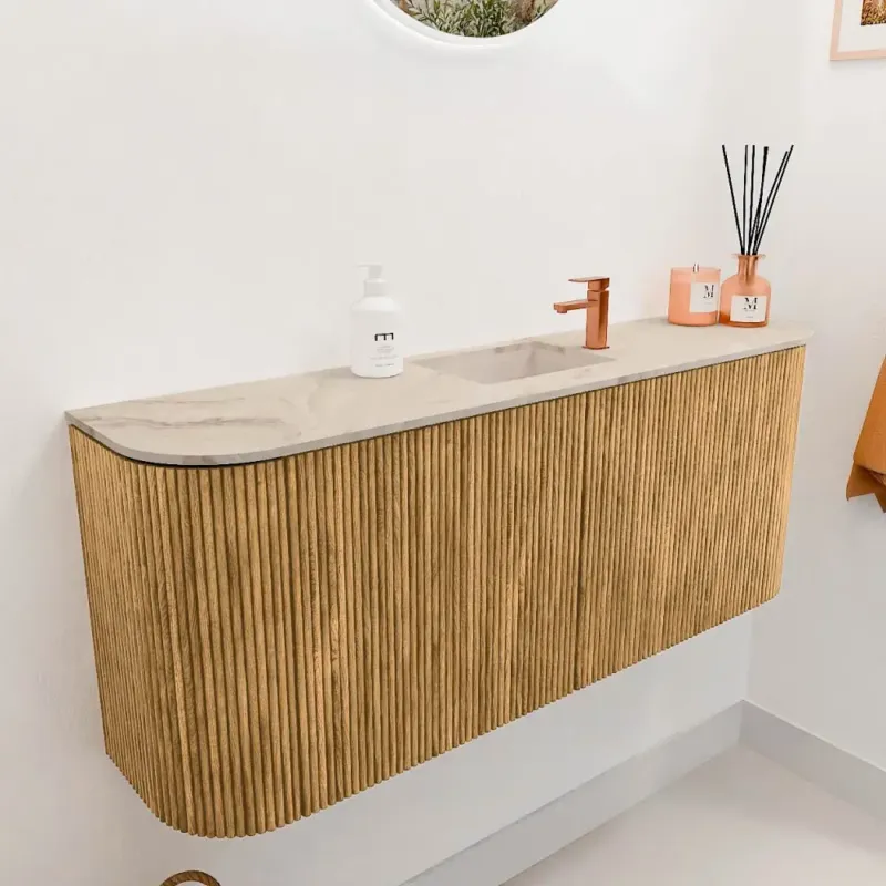 Mondiaz Joya DLux 105cm toiletmeubel ronding links/rechts oak met wastafel faye midden 1 kraangat frappe Shop Nu