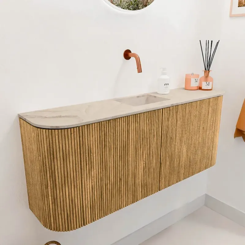 Express Levering Mondiaz Joya DLux 105cm toiletmeubel ronding links/rechts oak met wastafel faye midden zonder kraangat frappe