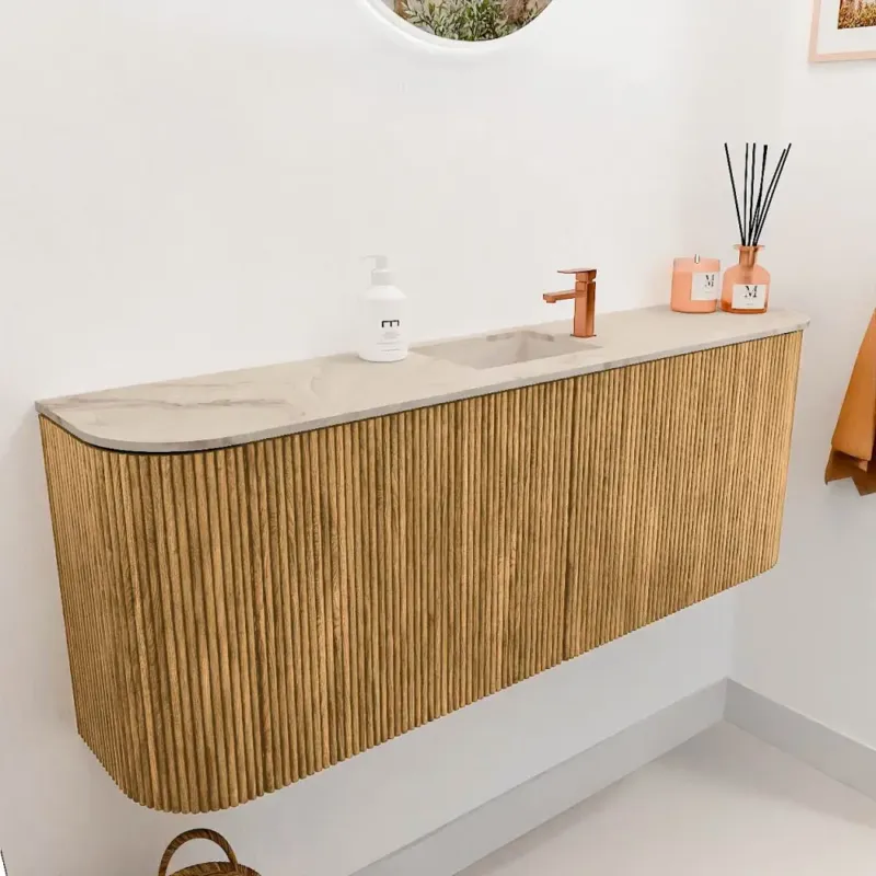 Aanbieding Mondiaz Joya DLux 115cm toiletmeubel ronding links/rechts oak met wastafel faye midden 1 kraangat frappe