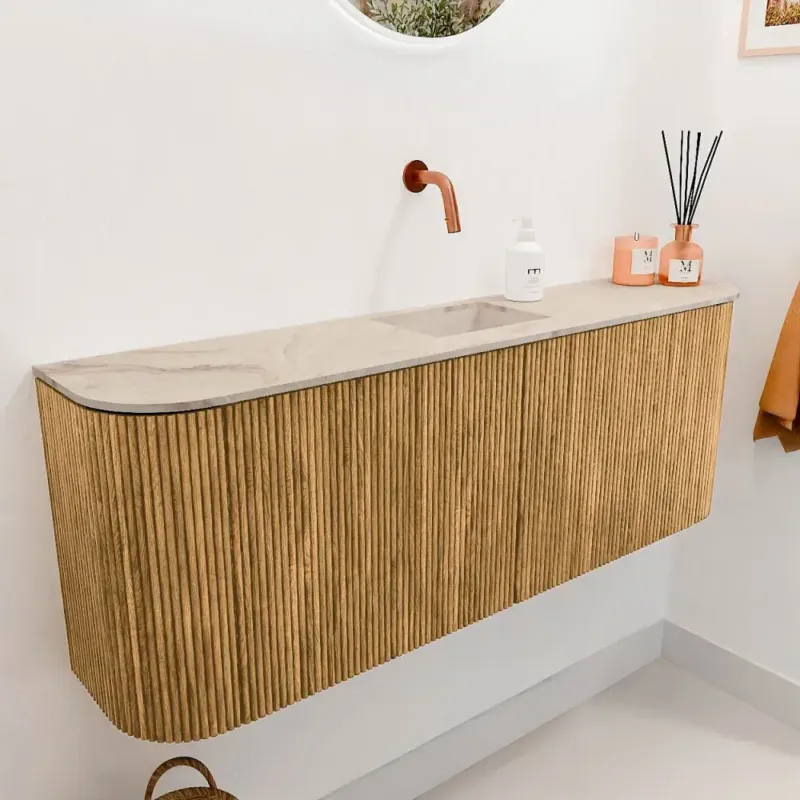 Mondiaz Joya DLux 115cm toiletmeubel ronding links/rechts oak met wastafel faye midden zonder kraangat frappe Seizoensaanbieding