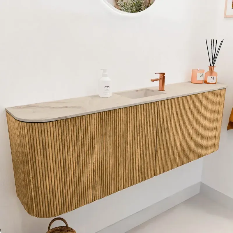 Mondiaz Joya DLux 125cm toiletmeubel ronding links/rechts oak met wastafel faye midden 1 kraangat frappe Populair