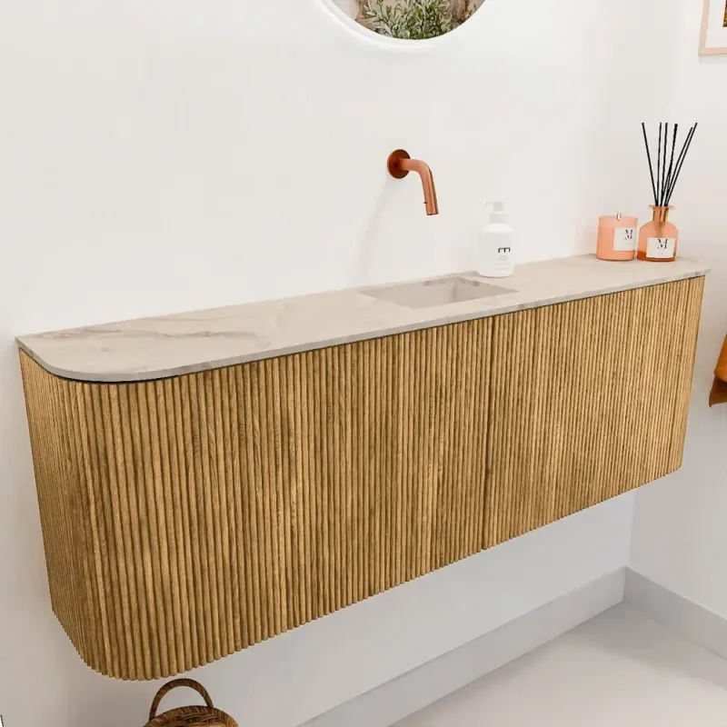 Goedkoop Mondiaz Joya DLux 125cm toiletmeubel ronding links/rechts oak met wastafel faye midden zonder kraangat frappe