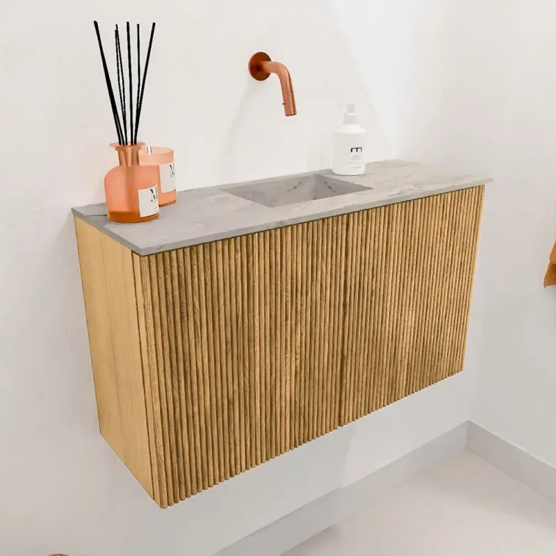 Direct Verzonden Mondiaz Joya DLux 70cm toiletmeubel oak met wastafel faye midden zonder kraangat glace