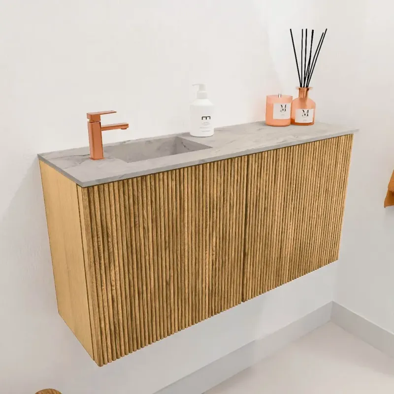 Bestel Nu Mondiaz Joya DLux 80cm toiletmeubel oak met wastafel faye links 1 kraangat glace
