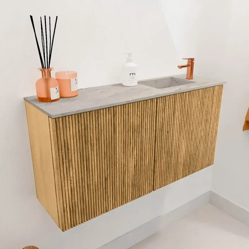 Beperkte Voorraad Mondiaz Joya DLux 80cm toiletmeubel oak met wastafel faye rechts 1 kraangat glace