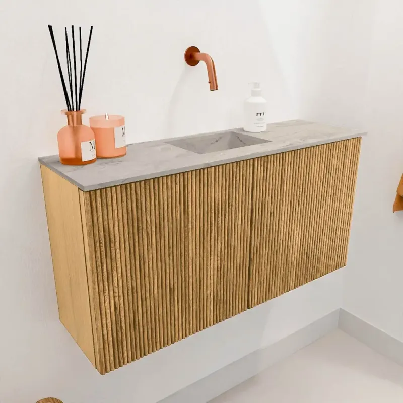 Koop Vandaag Mondiaz Joya DLux 80cm toiletmeubel oak met wastafel faye midden zonder kraangat glace