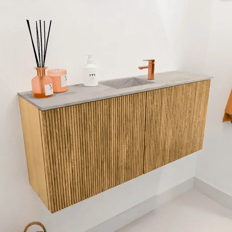 Merkproduct Mondiaz Joya DLux 90cm toiletmeubel oak met wastafel faye midden 1 kraangat glace