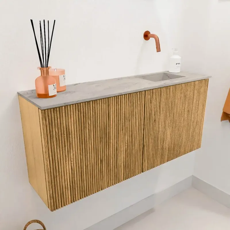 Korting Mondiaz Joya DLux 90cm toiletmeubel oak met wastafel faye rechts zonder kraangat glace