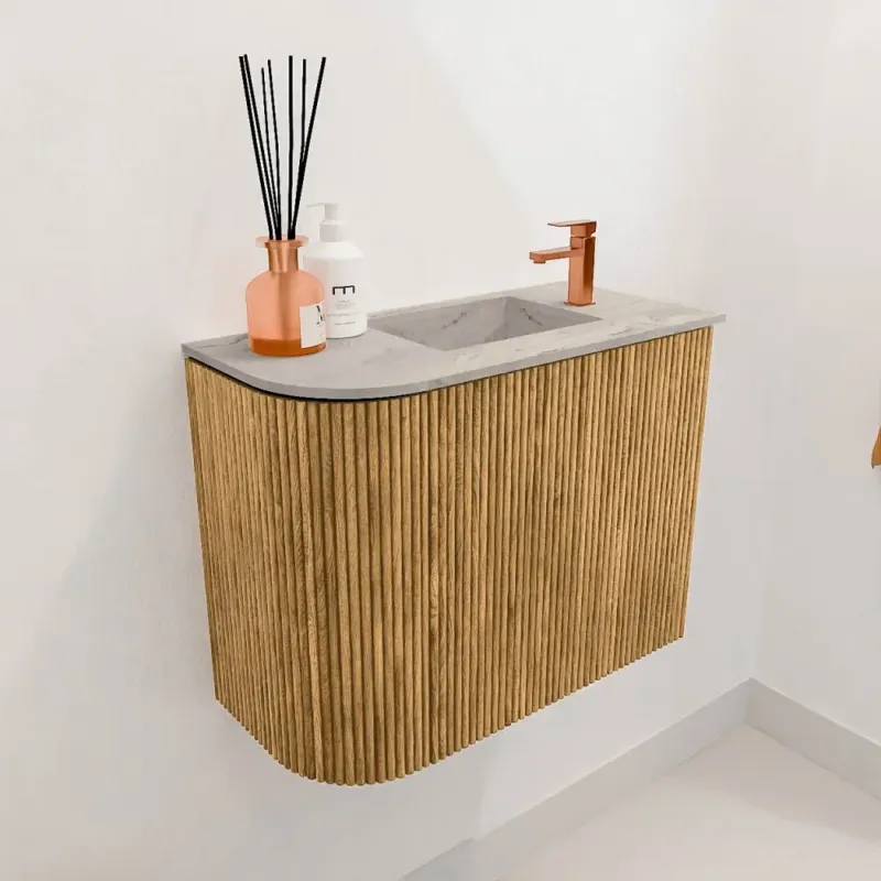 Mondiaz Joya DLux 50cm toiletmeubel ronding links oak met wastafel faye rechts 1 kraangat glace Op = Op