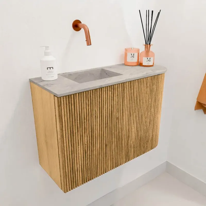 Mondiaz Joya DLux 60cm toiletmeubel ronding rechts oak met wastafel faye links zonder kraangat glace Korting