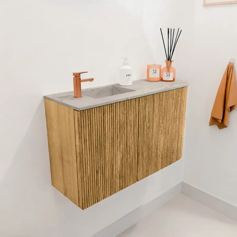Beperkte Voorraad Mondiaz Joya DLux 70cm toiletmeubel ronding rechts oak met wastafel faye links 1 kraangat glace