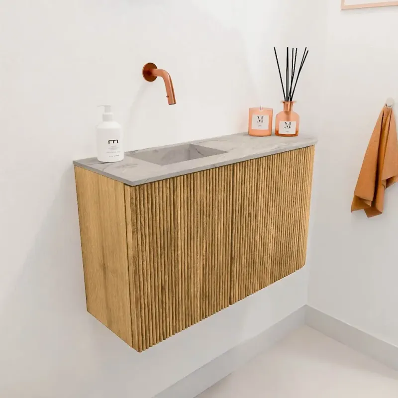 Mondiaz Joya DLux 70cm toiletmeubel ronding rechts oak met wastafel faye links zonder kraangat glace Beste Prijs