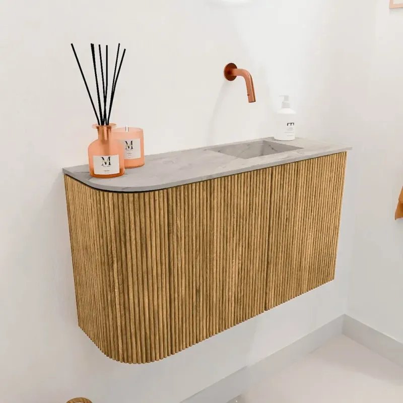 Mondiaz Joya DLux 70cm toiletmeubel ronding links oak met wastafel faye rechts zonder kraangat glace Direct Verzonden