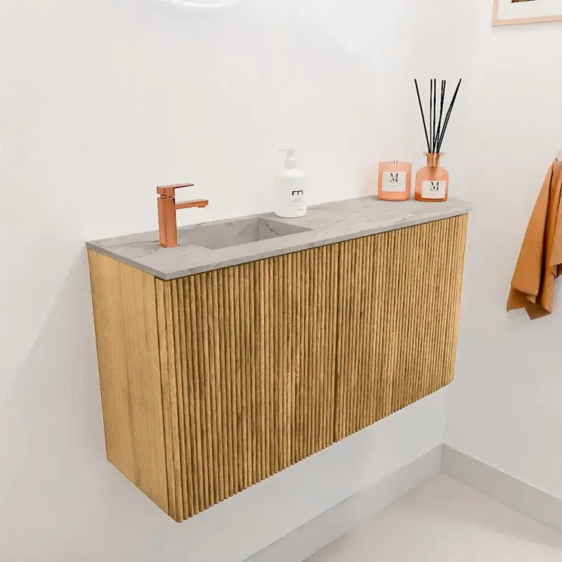 Mondiaz Joya DLux 80cm toiletmeubel ronding rechts oak met wastafel faye links 1 kraangat glace Betrouwbaar