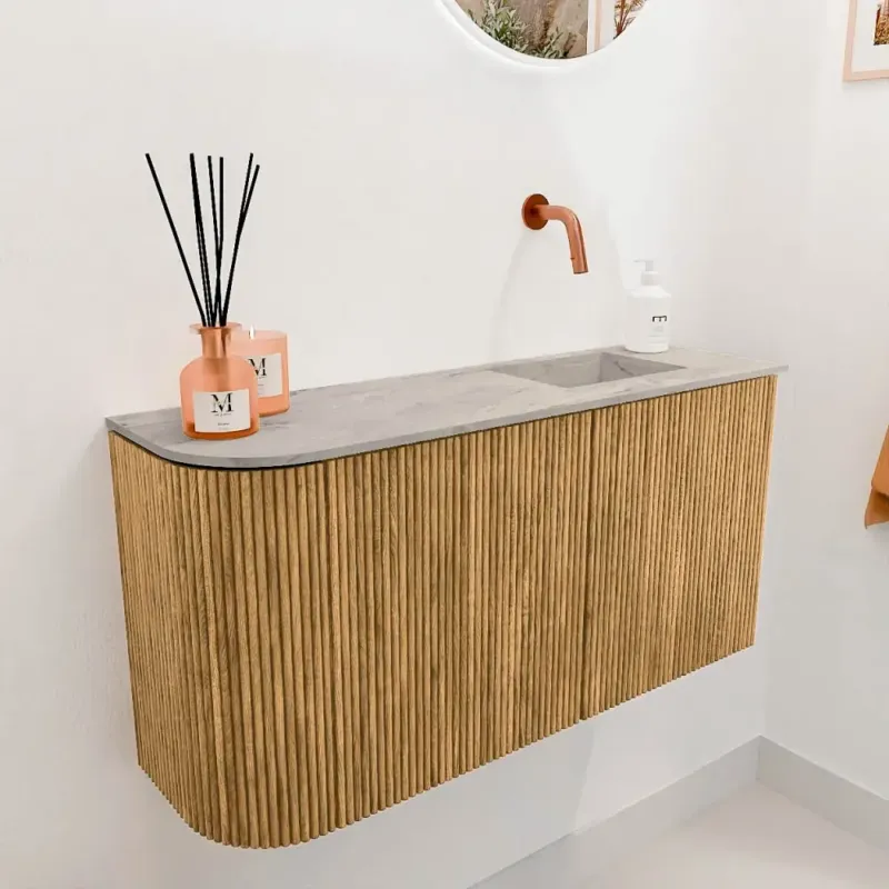 Mondiaz Joya DLux 80cm toiletmeubel ronding links oak met wastafel faye rechts zonder kraangat glace Express Levering