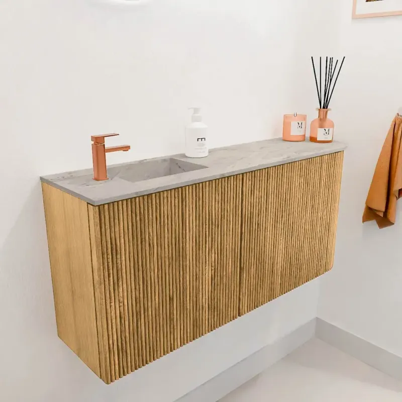 Mondiaz Joya DLux 90cm toiletmeubel ronding rechts oak met wastafel faye links 1 kraangat glace Exclusieve Aanbieding