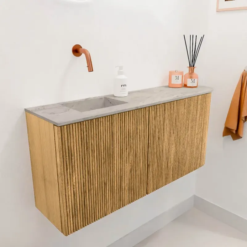Mondiaz Joya DLux 90cm toiletmeubel ronding rechts oak met wastafel faye links zonder kraangat glace Alleen Vandaag