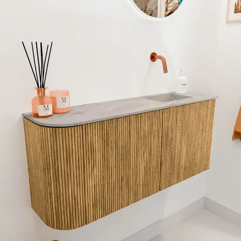 Mondiaz Joya DLux 90cm toiletmeubel ronding links oak met wastafel faye rechts zonder kraangat glace Fabrieksprijs