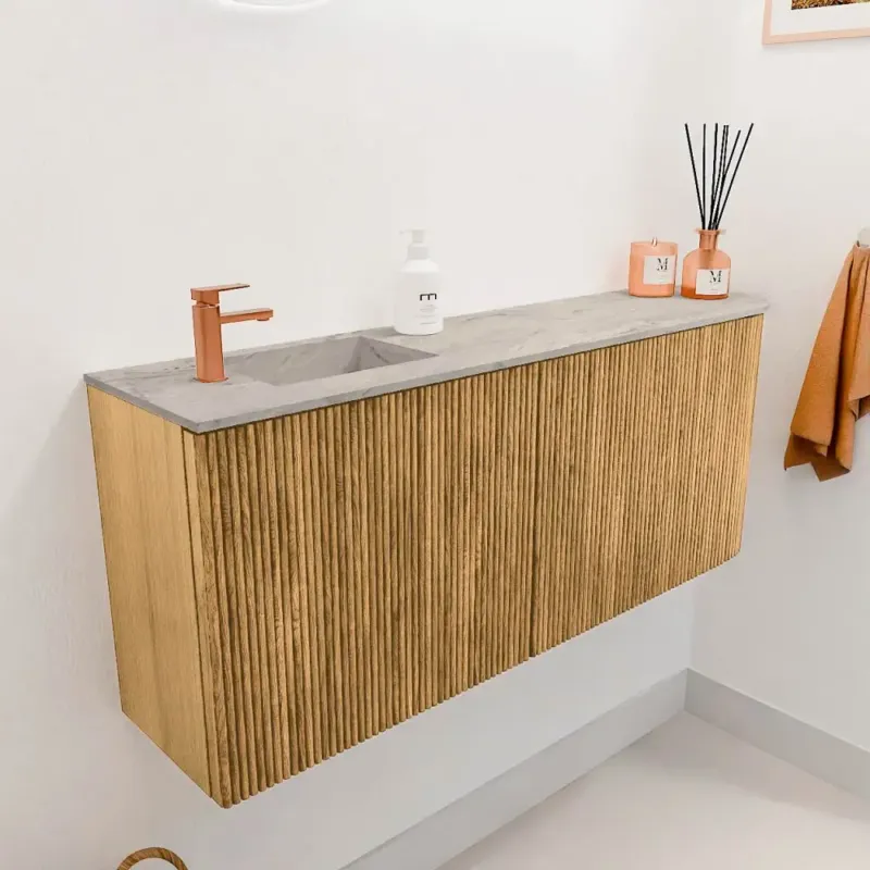 Op = Op Mondiaz Joya DLux 100cm toiletmeubel ronding rechts oak met wastafel faye links 1 kraangat glace