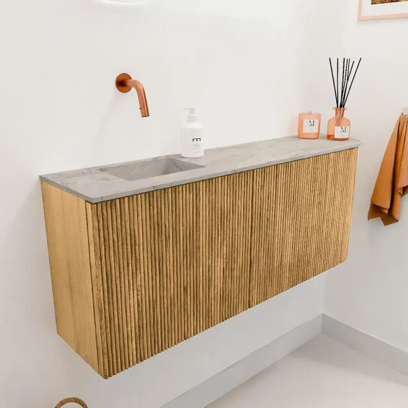 Fabrieksprijs Mondiaz Joya DLux 100cm toiletmeubel ronding rechts oak met wastafel faye links zonder kraangat glace