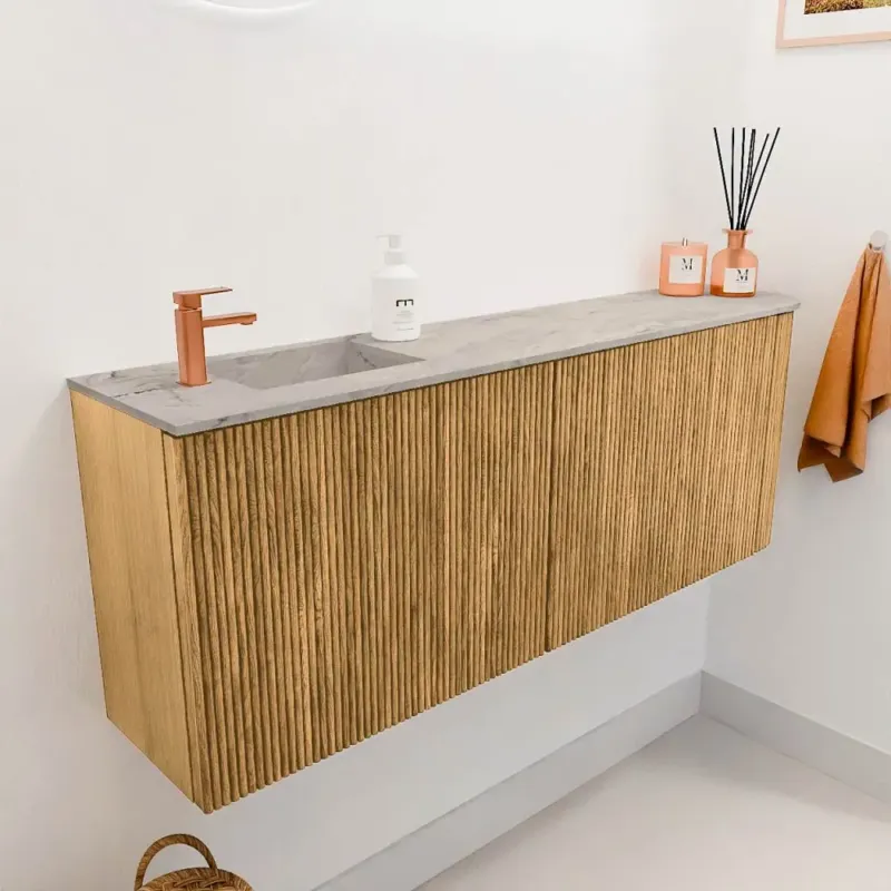 Express Levering Mondiaz Joya DLux 110cm toiletmeubel ronding rechts oak met wastafel faye links 1 kraangat glace