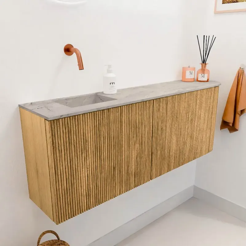 Koopje Mondiaz Joya DLux 110cm toiletmeubel ronding rechts oak met wastafel faye links zonder kraangat glace