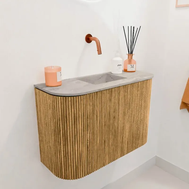 Mondiaz Joya DLux 65cm toiletmeubel ronding links/rechts oak met wastafel faye midden zonder kraangat glace Korting
