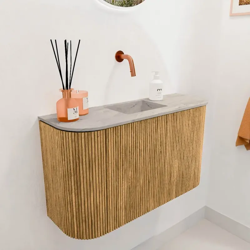 Voordeelprijs Mondiaz Joya DLux 75cm toiletmeubel ronding links/rechts oak met wastafel faye midden zonder kraangat glace