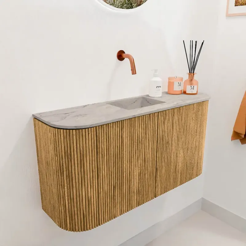 Aanbieding Mondiaz Joya DLux 85cm toiletmeubel ronding links/rechts oak met wastafel faye midden zonder kraangat glace