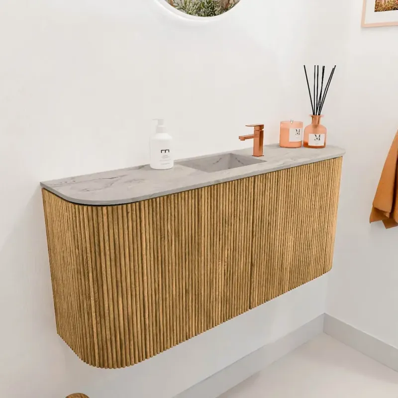 Exclusieve Aanbieding Mondiaz Joya DLux 95cm toiletmeubel ronding links/rechts oak met wastafel faye midden 1 kraangat glace