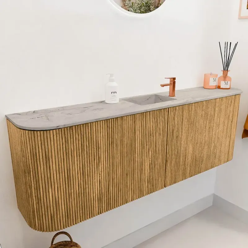Mondiaz Joya DLux 125cm toiletmeubel ronding links/rechts oak met wastafel faye midden 1 kraangat glace Dagaanbieding