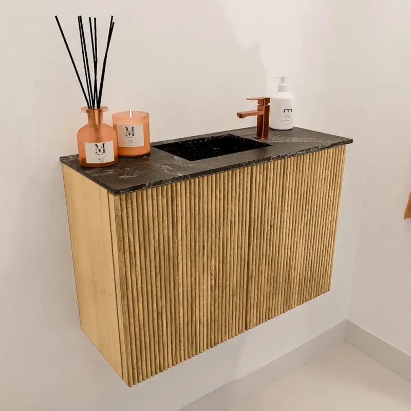 Korting Mondiaz Joya DLux 60cm toiletmeubel oak met wastafel faye midden 1 kraangat lava