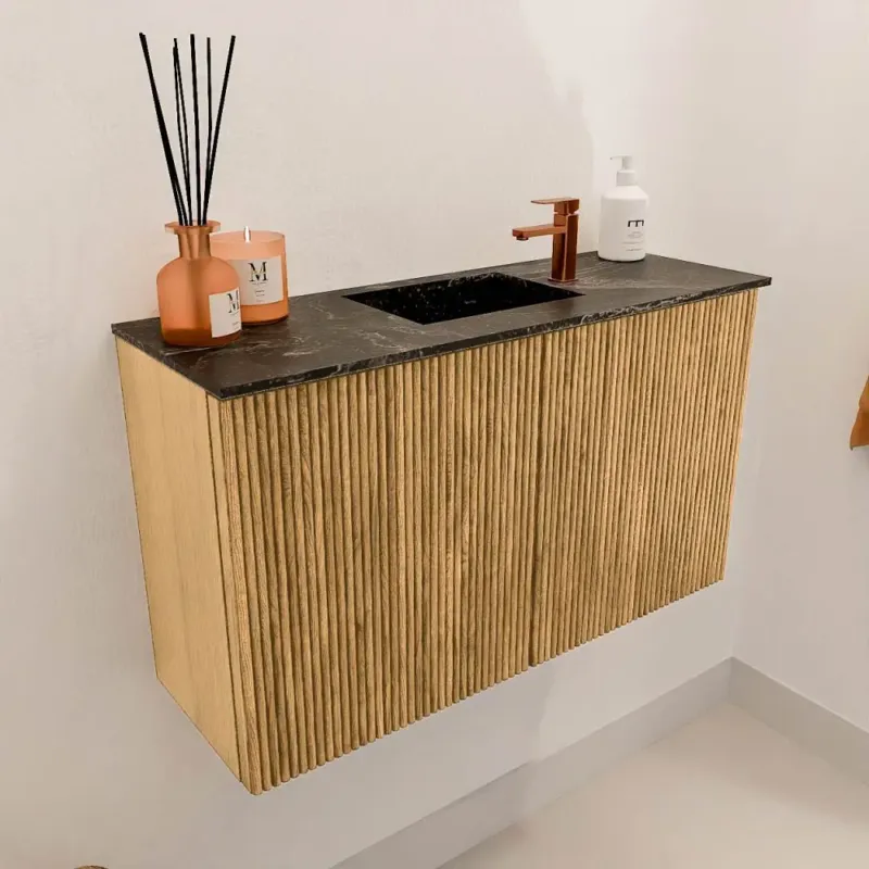 Express Levering Mondiaz Joya DLux 70cm toiletmeubel oak met wastafel faye midden 1 kraangat lava