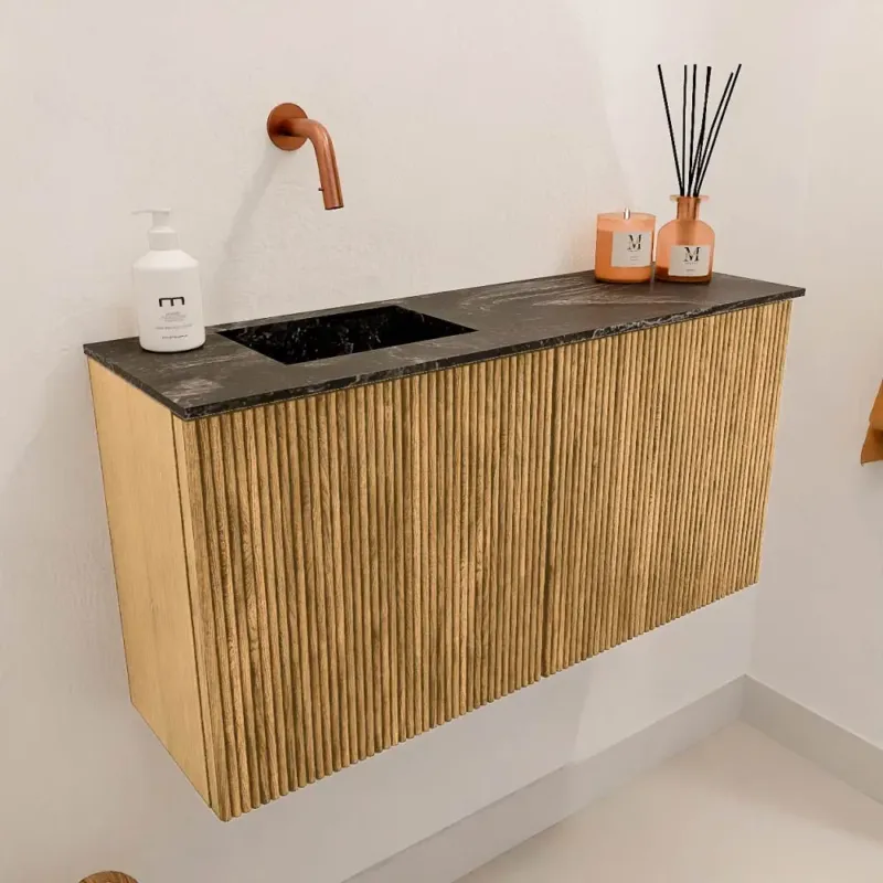 Mondiaz Joya DLux 80cm toiletmeubel oak met wastafel faye links zonder kraangat lava Op = Op