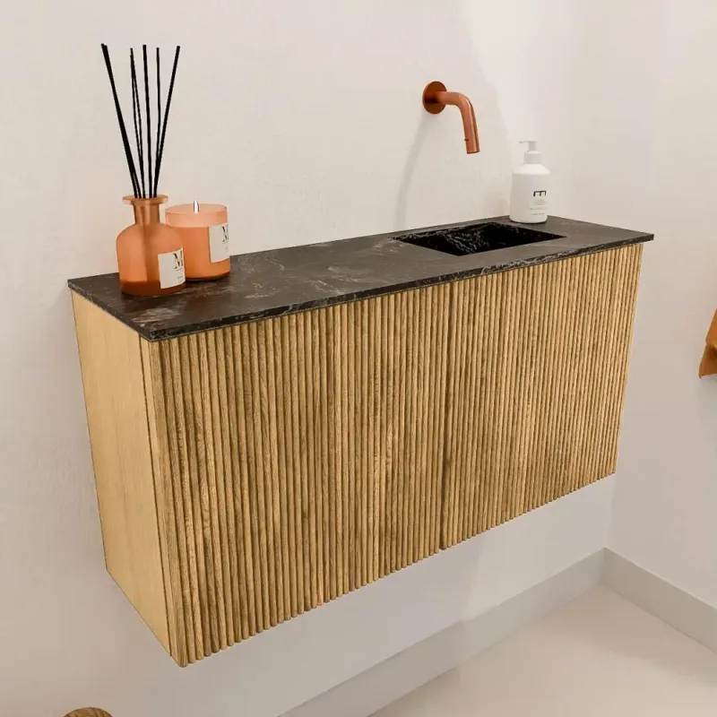 Express Levering Mondiaz Joya DLux 80cm toiletmeubel oak met wastafel faye rechts zonder kraangat lava