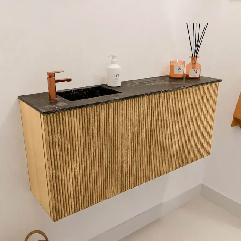 Actieprijs Mondiaz Joya DLux 90cm toiletmeubel oak met wastafel faye links 1 kraangat lava