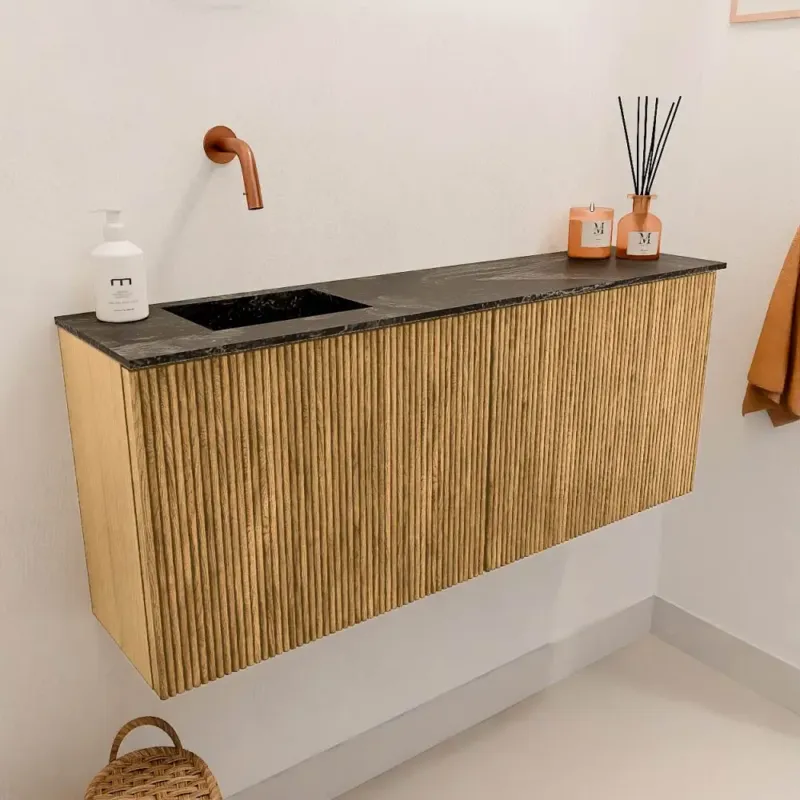Direct Verzonden Mondiaz Joya DLux 100cm toiletmeubel oak met wastafel faye links zonder kraangat lava