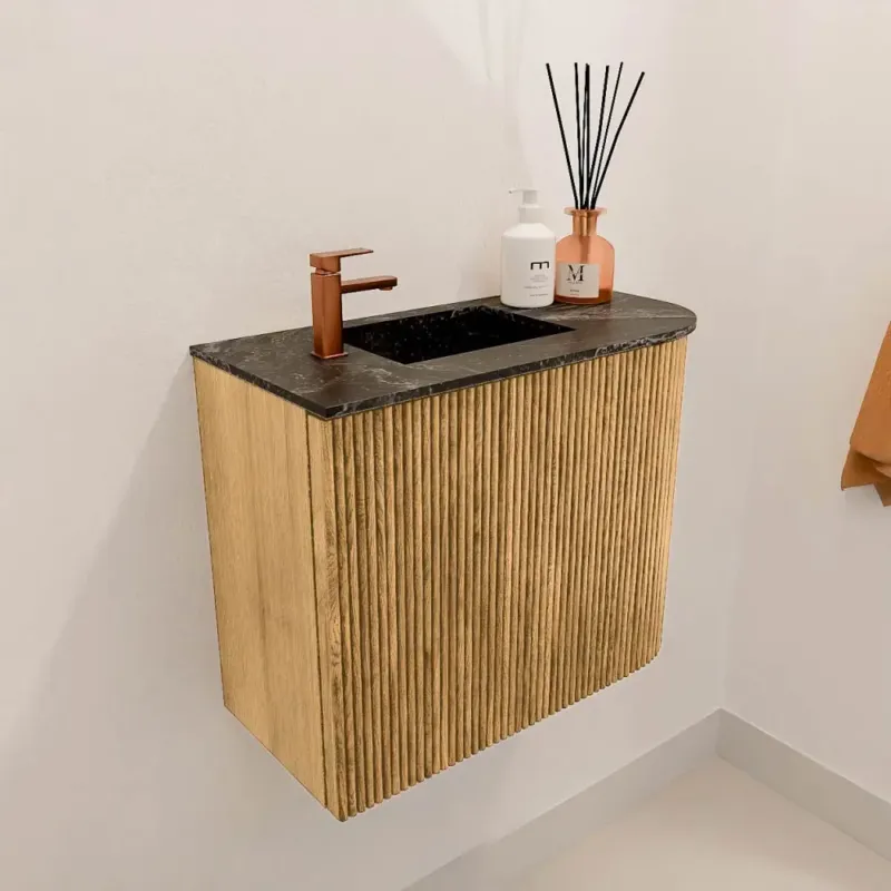 Goedkoop Mondiaz Joya DLux 50cm toiletmeubel ronding rechts oak met wastafel faye links 1 kraangat lava