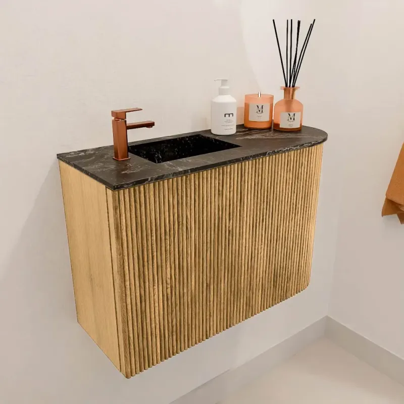 Mondiaz Joya DLux 60cm toiletmeubel ronding rechts oak met wastafel faye links 1 kraangat lava Korting