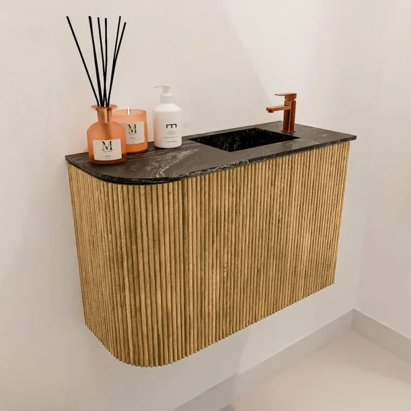 Mondiaz Joya DLux 60cm toiletmeubel ronding links oak met wastafel faye rechts 1 kraangat lava Dagaanbieding