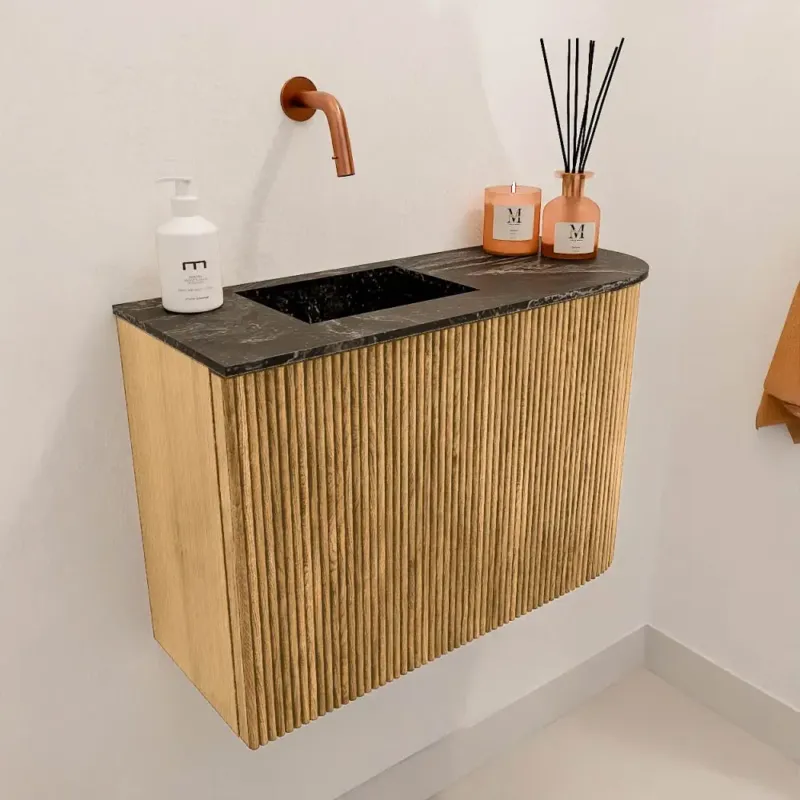 Mondiaz Joya DLux 60cm toiletmeubel ronding rechts oak met wastafel faye links zonder kraangat lava Uitverkoop
